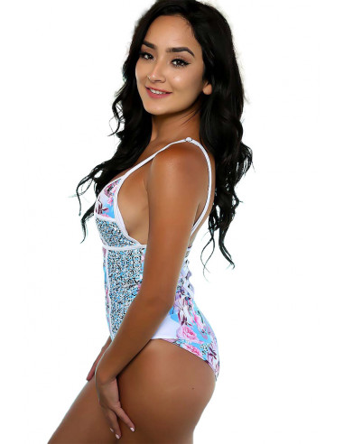 Costum de baie intreg, alb cu magnolii si trandafiri roz si bleu