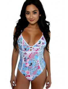 Costum de baie intreg, alb cu magnolii si trandafiri roz si bleu