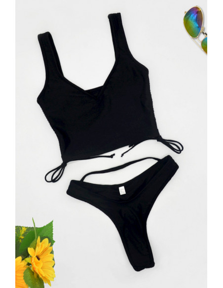 Costum de baie doua piese, bustiera cu snururi si slip ingust cu talie inalta