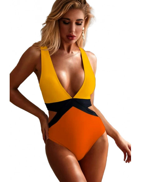 Costum de baie intreg, color block, decolteu adanc si laterale decupate