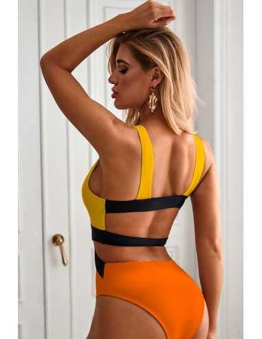 Costum de baie intreg, color block, decolteu adanc si laterale decupate