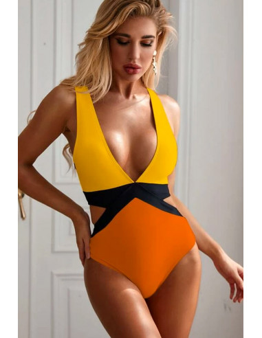 Costum de baie intreg, color block, decolteu adanc si laterale decupate