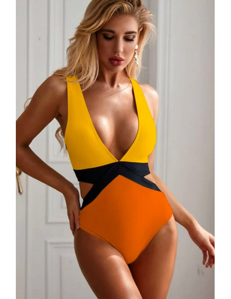 Costum de baie intreg, color block, decolteu adanc si laterale decupate