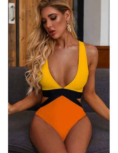 Costum de baie intreg, color block, decolteu adanc si laterale decupate