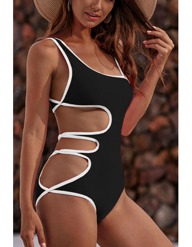 Costum de baie intreg, asimetric, laterala decupata si contur alb