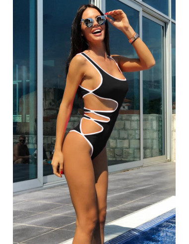 Costum de baie intreg, asimetric, laterala decupata si contur alb