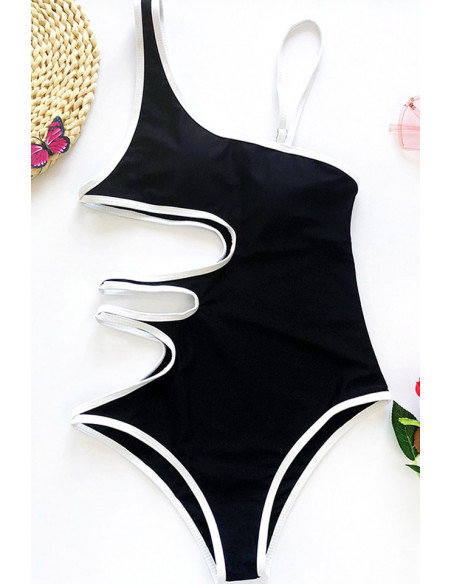 Costum de baie intreg, asimetric, laterala decupata si contur alb
