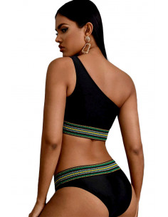Costum de baie doua piese, top asimetric si benzi elastice multicolore 2