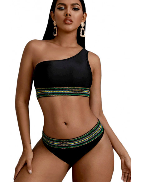 Costum de baie doua piese, top asimetric si benzi elastice multicolore