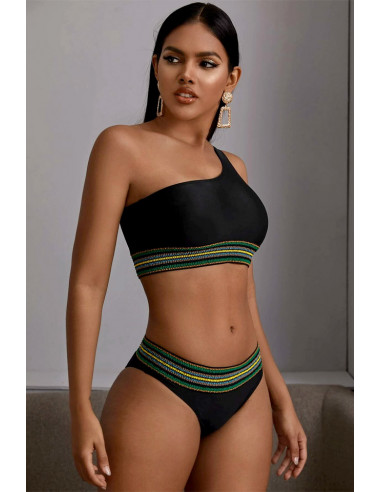 Costum de baie doua piese, top asimetric si benzi elastice multicolore