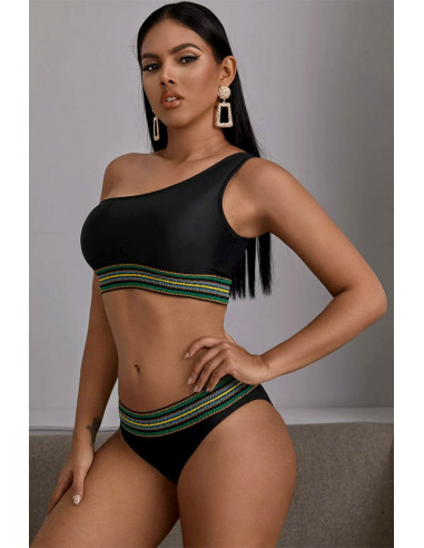 Costum de baie doua piese, top asimetric si benzi elastice multicolore