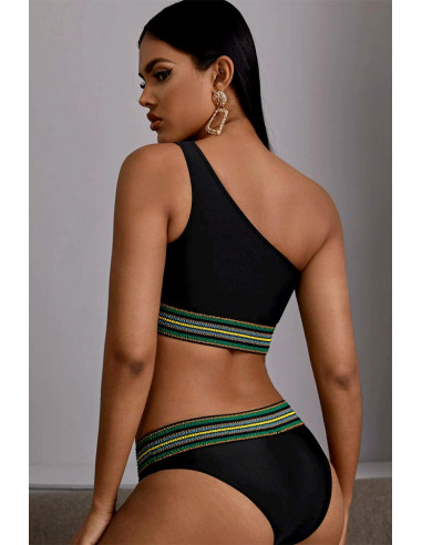 Costum de baie doua piese, top asimetric si benzi elastice multicolore