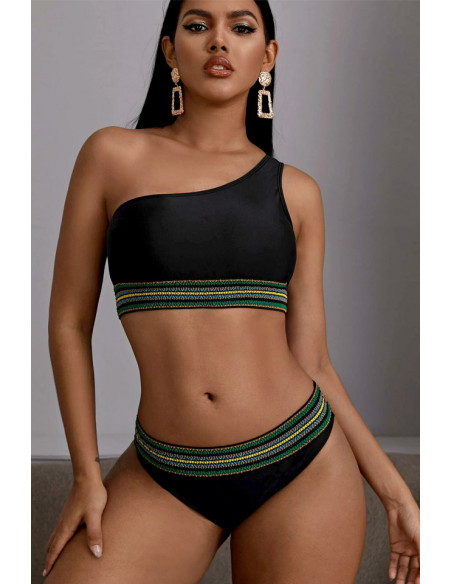 Costum de baie doua piese, top asimetric si benzi elastice multicolore