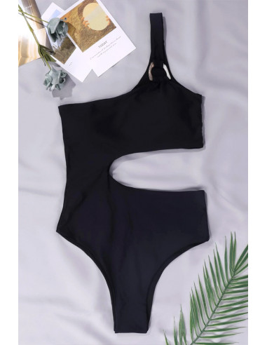 Costum de baie intreg, asimetric, o bareta cu inel si laterala decupata