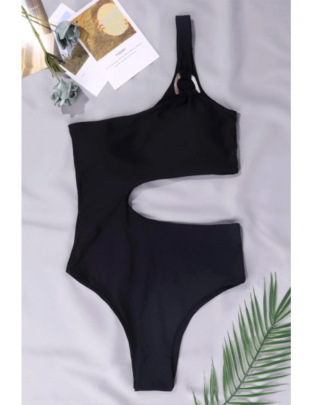 Costum de baie intreg, asimetric, o bareta cu inel si laterala decupata