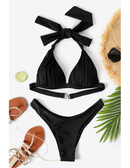 Costum de baie doua piese, cupe formate, cu pliuri si noduri si slip ingust