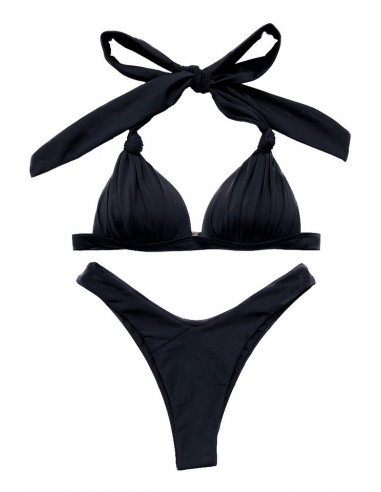 Costum de baie doua piese, cupe formate, cu pliuri si noduri si slip ingust