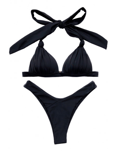 Costum de baie doua piese, cupe formate, cu pliuri si noduri si slip ingust