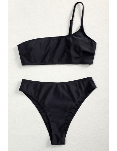 Costum de baie trei piese, bustiera asimetrica, slip clasic si pareo cu centura