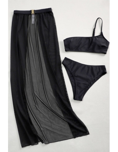 Costum de baie trei piese, bustiera asimetrica, slip clasic si pareo cu centura