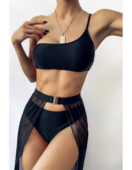 Costum de baie trei piese, bustiera asimetrica, slip clasic si pareo cu centura