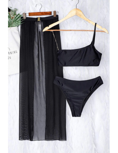Costum de baie trei piese, bustiera asimetrica, slip clasic si pareo cu centura