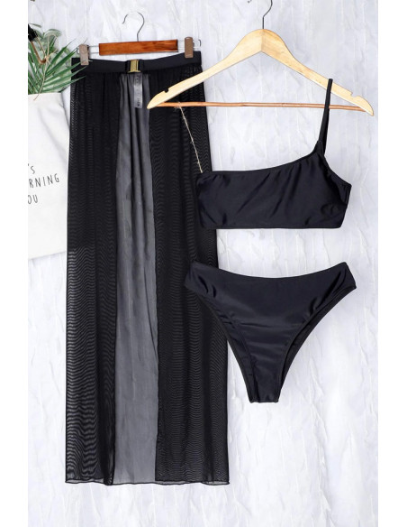 Costum de baie trei piese, bustiera asimetrica, slip clasic si pareo cu centura