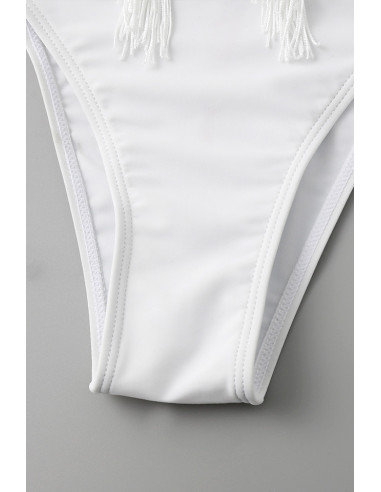 Costum de baie doua piese, cupe triunghiulare cu franjuri si slip ajustabil