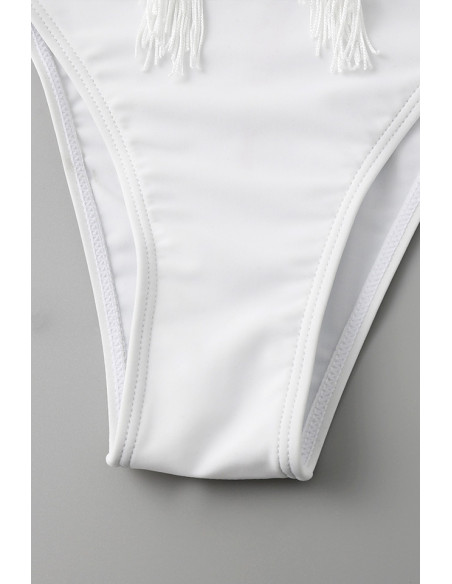 Costum de baie doua piese, cupe triunghiulare cu franjuri si slip ajustabil