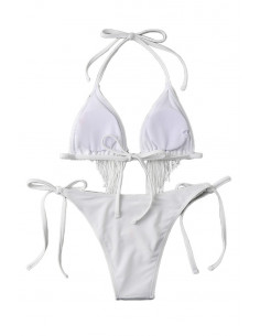 Costum de baie doua piese, cupe triunghiulare cu franjuri si slip ajustabil 2