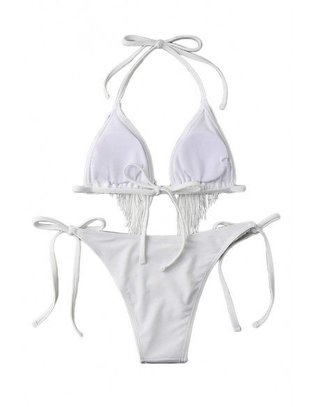 Costum de baie doua piese, cupe triunghiulare cu franjuri si slip ajustabil