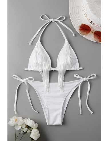 Costum de baie doua piese, cupe triunghiulare cu franjuri si slip ajustabil