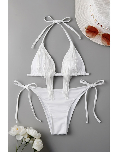 Costum de baie doua piese, cupe triunghiulare cu franjuri si slip ajustabil