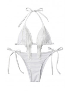 Costum de baie doua piese, cupe triunghiulare cu franjuri si slip ajustabil