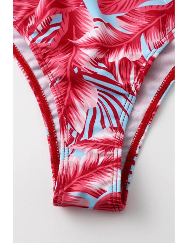Costum de baie doua piese, pene rosii pe fundal bleu si bustiera cu funda