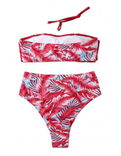 Costum de baie doua piese, pene rosii pe fundal bleu si bustiera cu funda 2