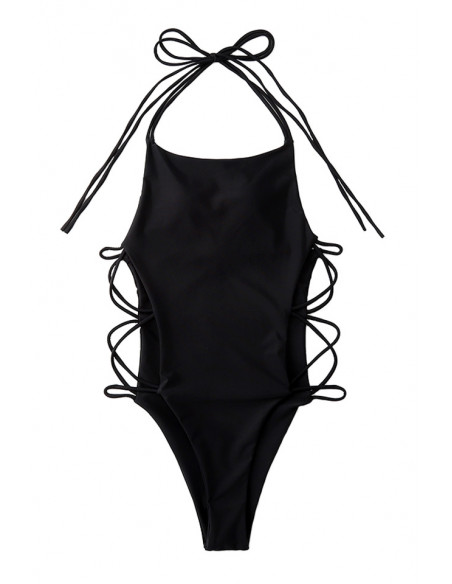 Costum de baie intreg, asimetric, laterale decupate, cu barete subtiri