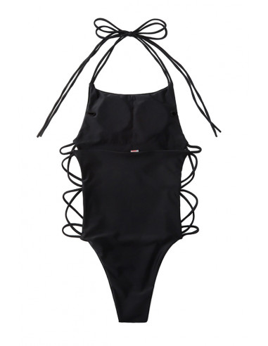 Costum de baie intreg, asimetric, laterale decupate, cu barete subtiri