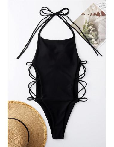 Costum de baie intreg, asimetric, laterale decupate, cu barete subtiri