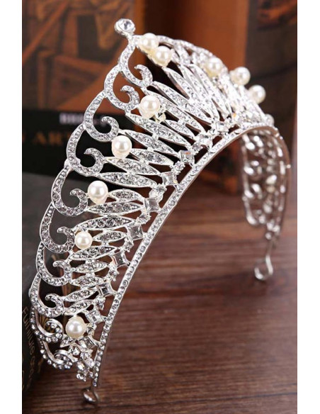 Tiara argintie Birth of Venus, perle si cristale rotunde si patrate