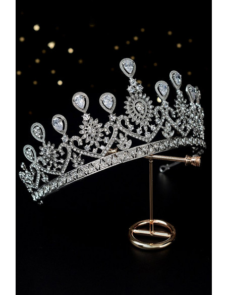 Tiara eleganta Indian Queen, flori, frunze si picaturi cu zirconii