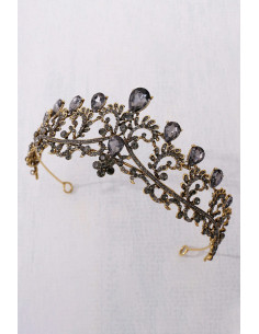 Tiara eleganta Luthien, ramuri rasucite cu picaturi si cristale negre 2