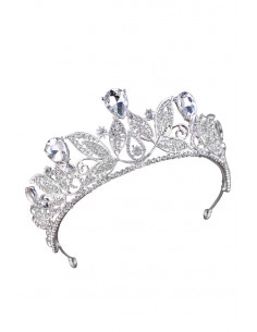 Tiara Queen Titania, frunze cu cristale rotunde si picaturi mari