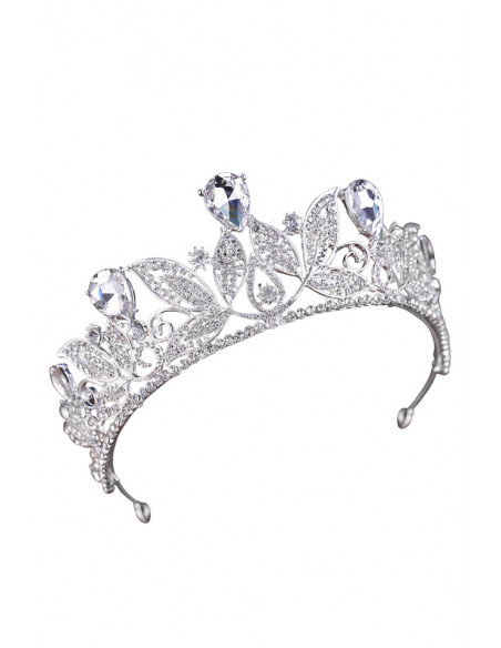 Tiara Queen Titania, frunze cu cristale rotunde si picaturi mari
