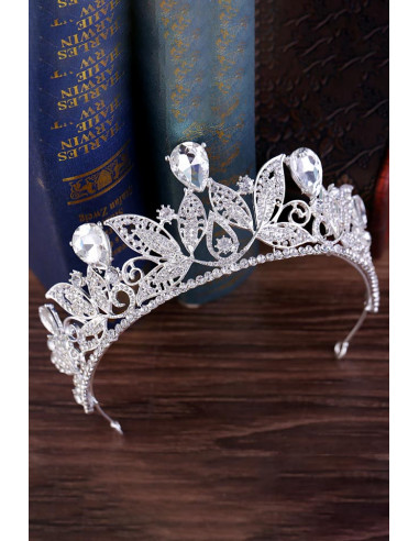 Tiara Queen Titania, frunze cu cristale rotunde si picaturi mari