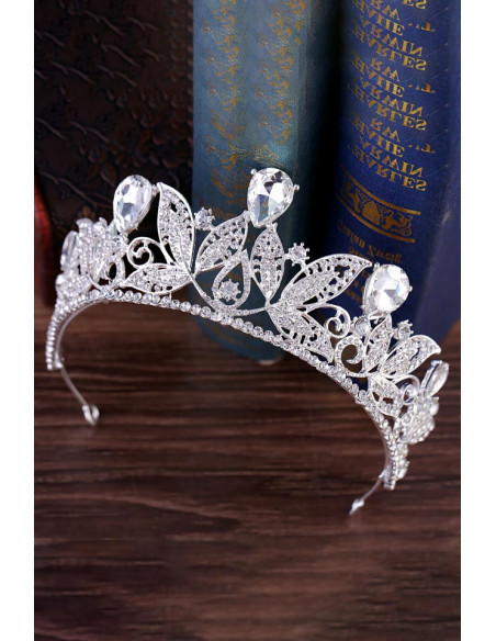 Tiara Queen Titania, frunze cu cristale rotunde si picaturi mari