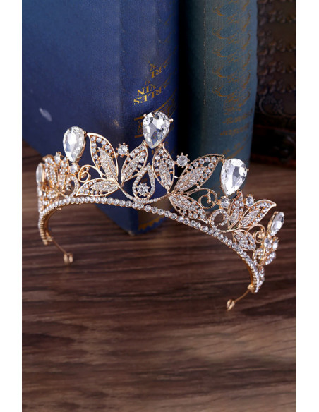 Tiara Queen Titania, frunze cu cristale rotunde si picaturi mari