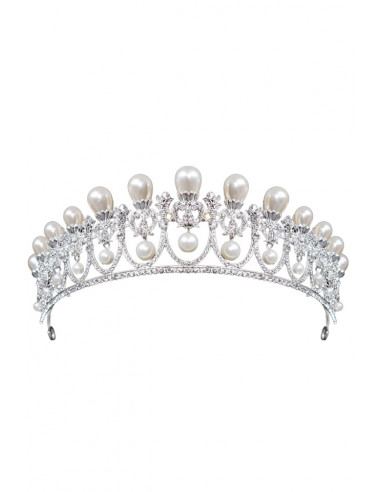 Tiara argintie Queen Anne, flori, inimioare, bucle cu perle rotunde si picaturi