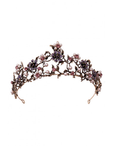 Tiara romantica Daphnaie, cu flori din cristale si perlute si frunze metalice
