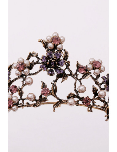 Tiara romantica Daphnaie, cu flori din cristale si perlute si frunze metalice